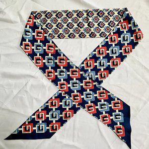 NEW Gucci Silk Geometric G Print Neck Scarf in Cream and Slate Blue Twilly Scarf